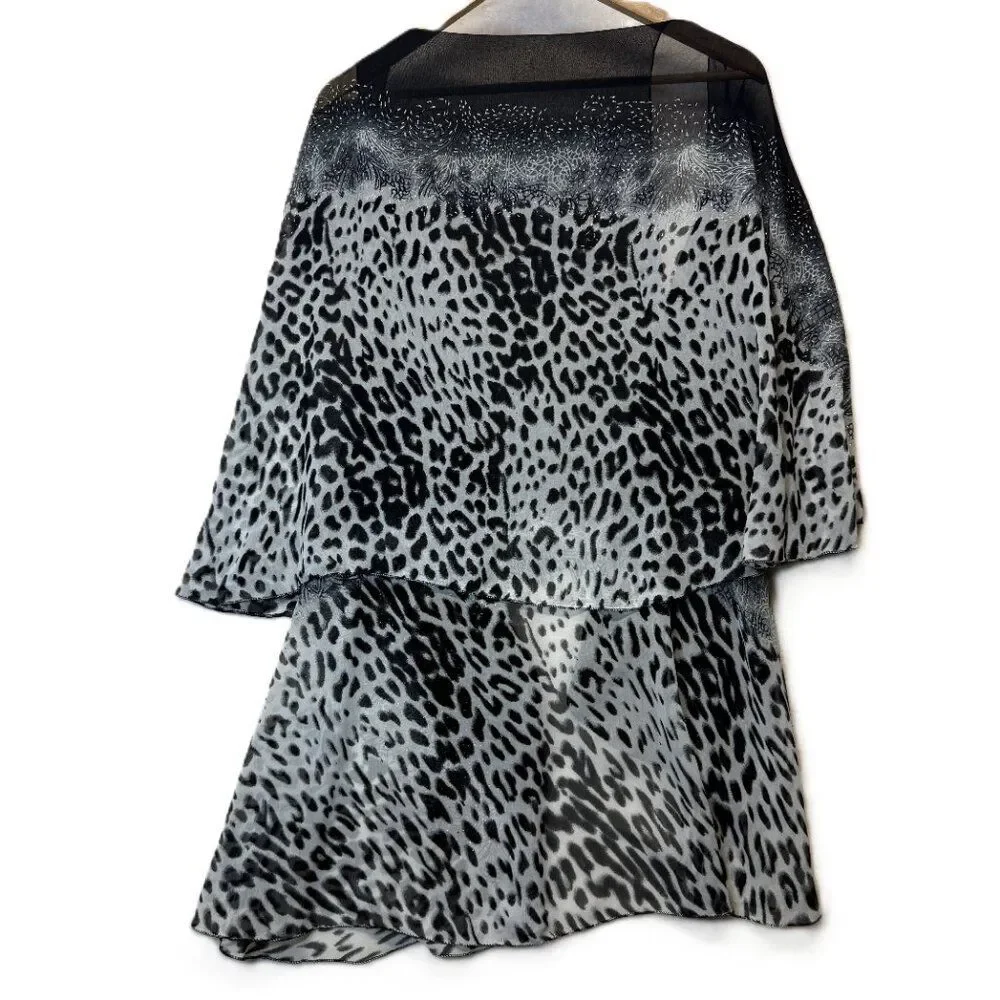 Sheer Leopard Print Kimono Cardigan Open Front Black Gray Layered Flowy OSFM